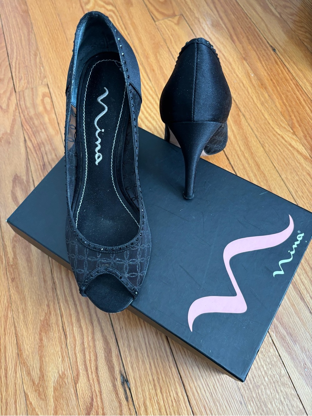 Nina Black Satin Peep-Toe Lace Stiletto Heels - Nina